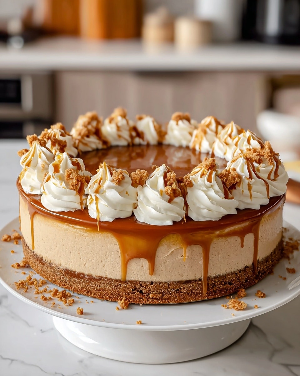 A round cheesecake with three visible layers sits on a white plate on a white marbled surface. The bottom layer is a thick dark brown crumbly crust, topped with a creamy tan cheesecake middle layer that is firm and smooth. The top layer is a rich caramel-colored sauce that drips down the sides and pools on the plate. Around the edge of the cheesecake are large swirls of white whipped cream topped with small brown crumbs and more caramel drizzle. A slice is removed, showing the clean layers and creamy texture inside. Photo taken with an iphone --ar 4:5 --v 7