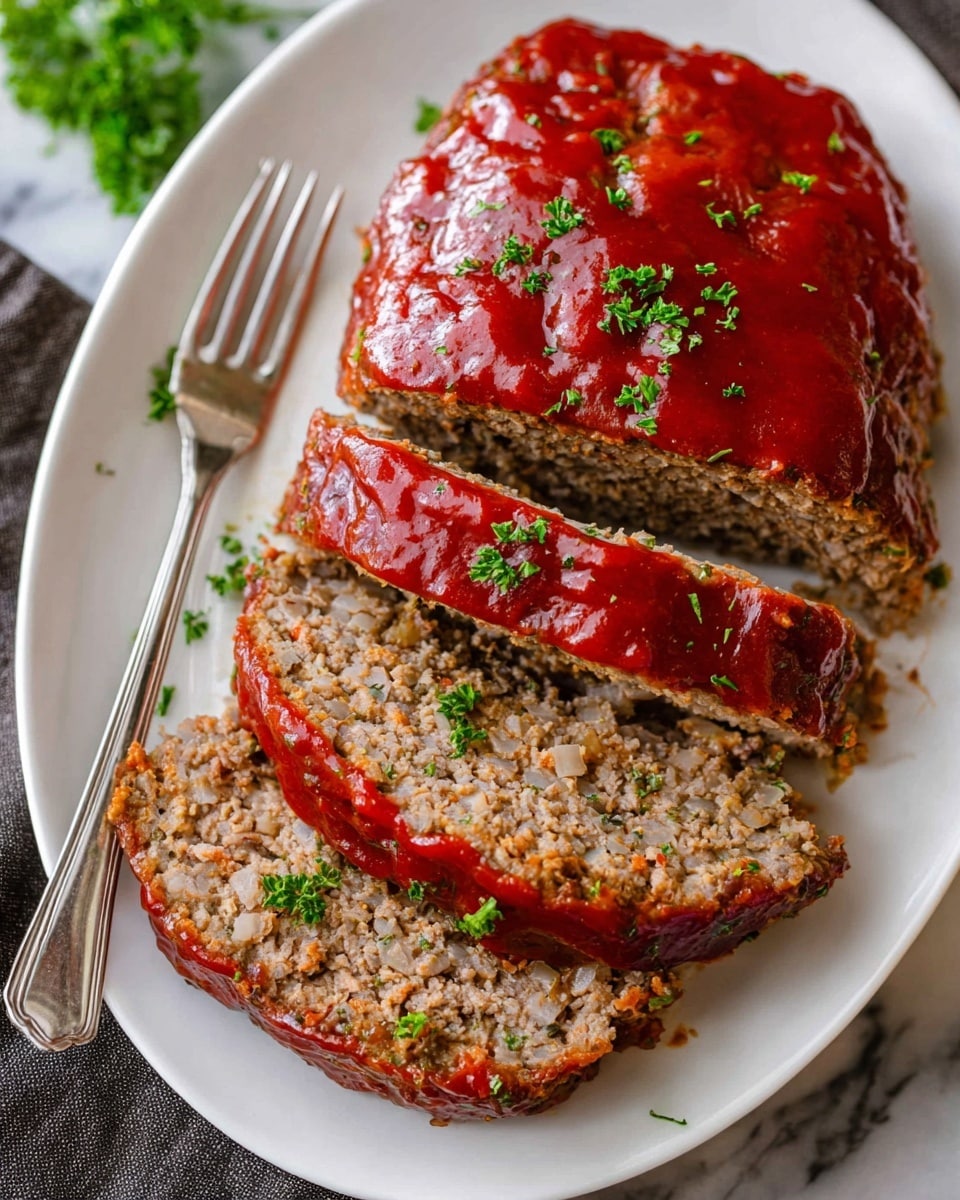 A white oval plate holding a meatloaf with three visible slices. The meatloaf has a smooth, thick, shiny red sauce layer covering the top and sides, with the sauce slightly dripping down. The meat inside is crumbly and light brown, mixed with visible bits of cooked onion. Small green parsley pieces are sprinkled on top of the sauce and meat slices for garnish. A silver fork sits on the plate’s left edge. The plate is on a white marbled surface. Photo taken with an iphone --ar 4:5 --v 7