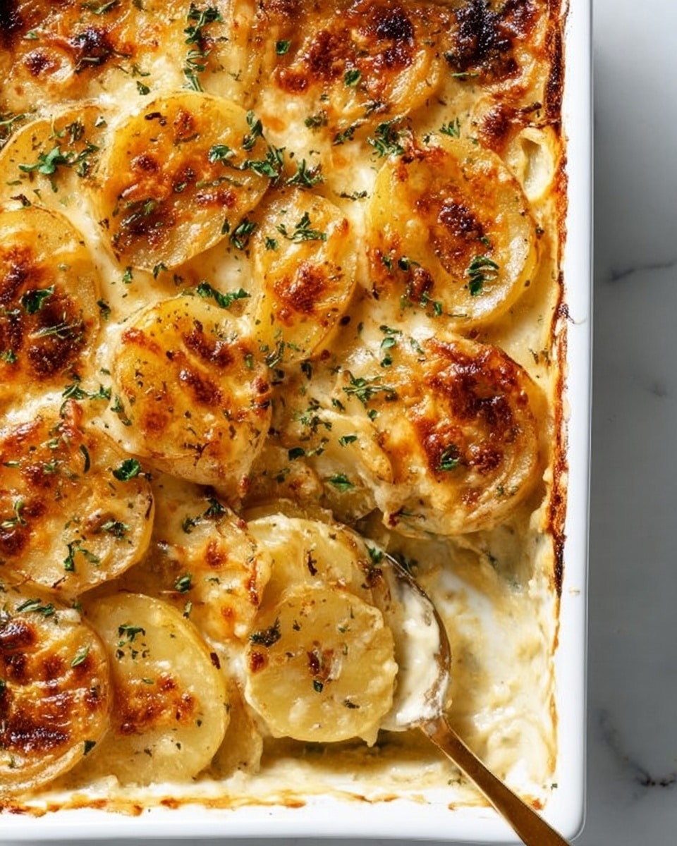 A white rectangular baking dish filled with a golden-brown scalloped potato casserole, showing about three visible layers of thinly sliced potatoes covered in creamy cheese sauce with browned spots on top. The top layer has a slightly crispy, melted cheese texture with dark golden patches and is sprinkled with chopped green herbs. A golden spoon is scooping into the dish, revealing the soft, creamy potato slices underneath. A partial view of a white plate with a serving of the same casserole garnished with green herbs is visible on the left side, all placed on a white marbled surface with a black and white cloth nearby. Photo taken with an iphone --ar 4:5 --v 7