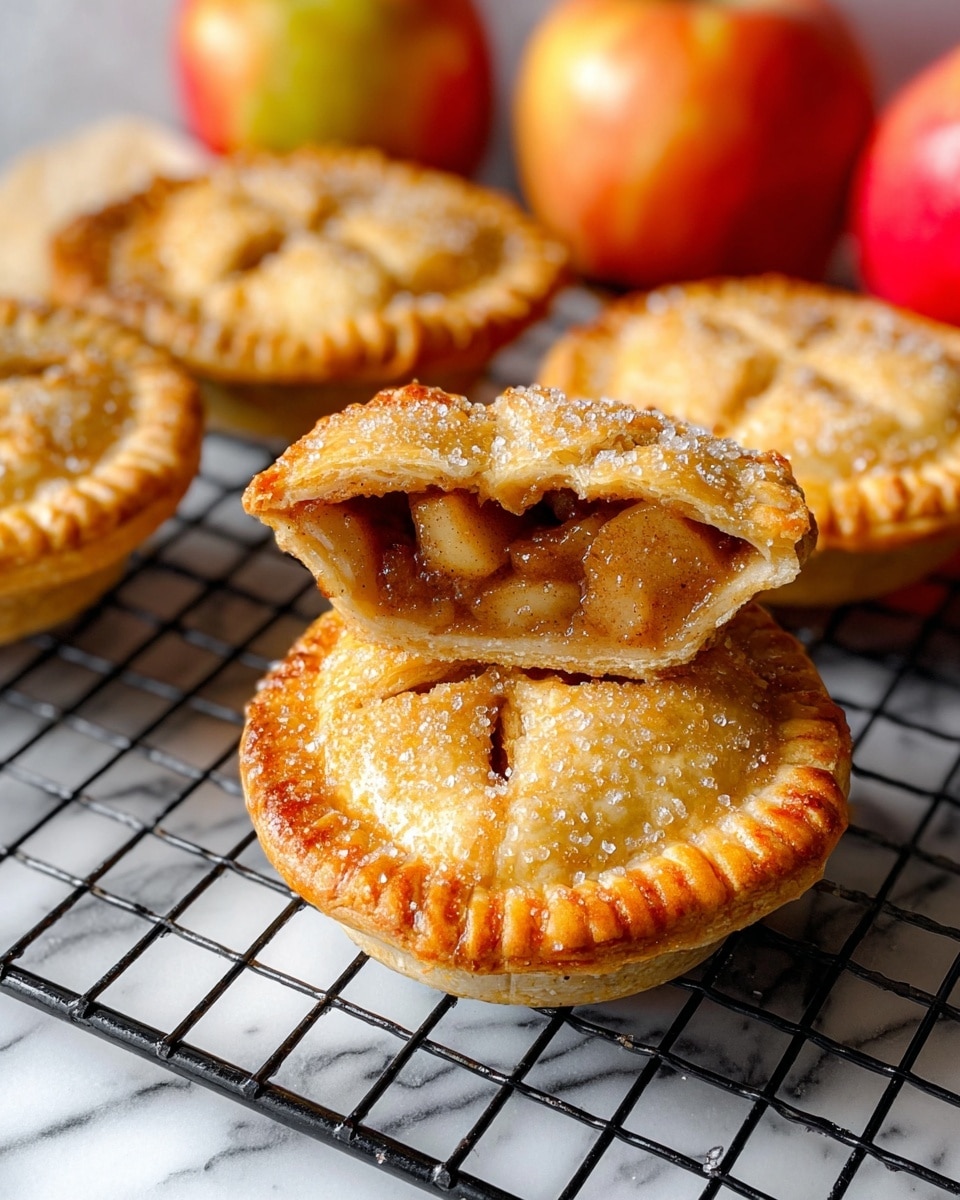 The image shows seven small round pies arranged on a black cooling rack that sits on a white marbled textured surface with a white cloth underneath. Each pie has a golden brown crust with a slightly darker rim. The crust is sprinkled with coarse sugar crystals that add texture and sparkle. The top of each pie has a small, symmetrical slit in the center, showing a bit of the warm, reddish filling inside. The edges of the pies are crimped, creating a neat pattern all around. The lighting makes the pies look fresh and warm. photo taken with an iphone --ar 4:5 --v 7