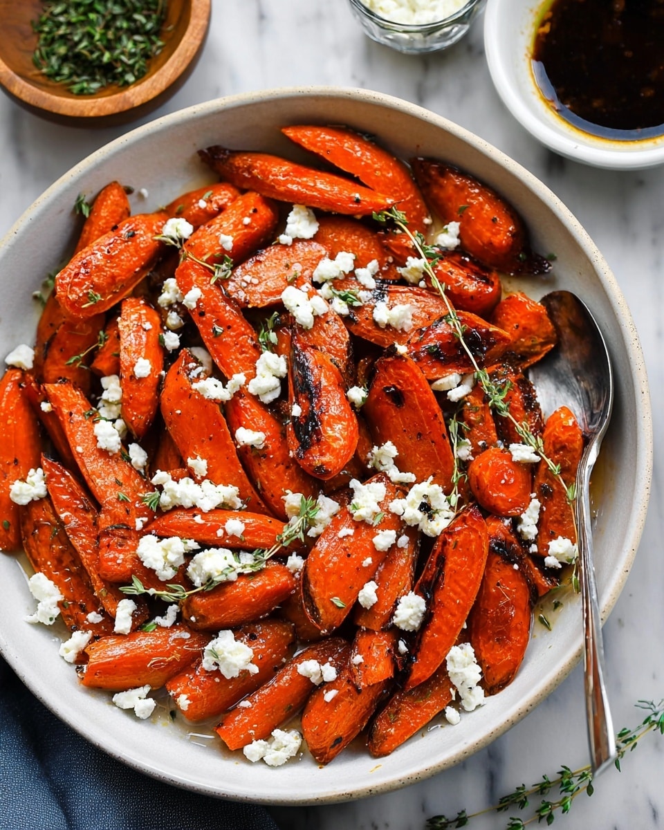 A close-up view of many roasted carrot pieces on a white marbled surface, each carrot is cut into long, thick slices with a shiny, glazed orange surface, some parts are charred dark brown, covered with small black pepper flakes and herbs. Small green sprigs of thyme are scattered on top, adding contrast and texture among the bright orange carrots. The carrots have a slightly wrinkled look from roasting, showing a mix of smooth glazed areas and rougher charred spots. photo taken with an iphone --ar 4:5 --v 7