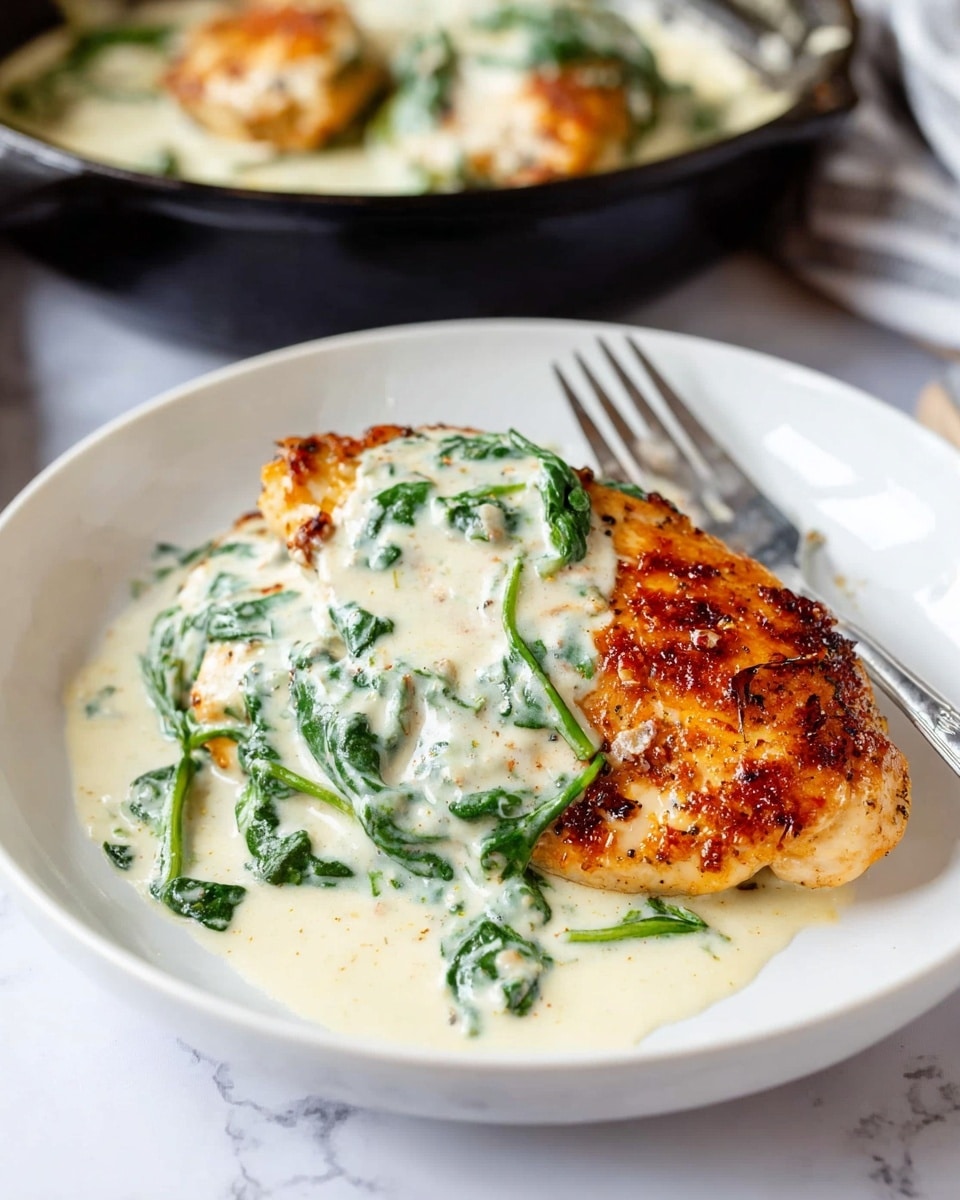 The image shows a piece of cooked chicken with a golden brown, slightly charred surface that looks crispy on top. The chicken is covered with a thick layer of creamy white sauce mixed with vibrant green spinach leaves scattered throughout. The sauce has a smooth and rich texture, pooling lightly around the chicken. The scene is set on a white marbled surface, and a metal spatula is lifting one piece of the chicken slightly, revealing the sauce underneath. photo taken with an iphone --ar 4:5 --v 7