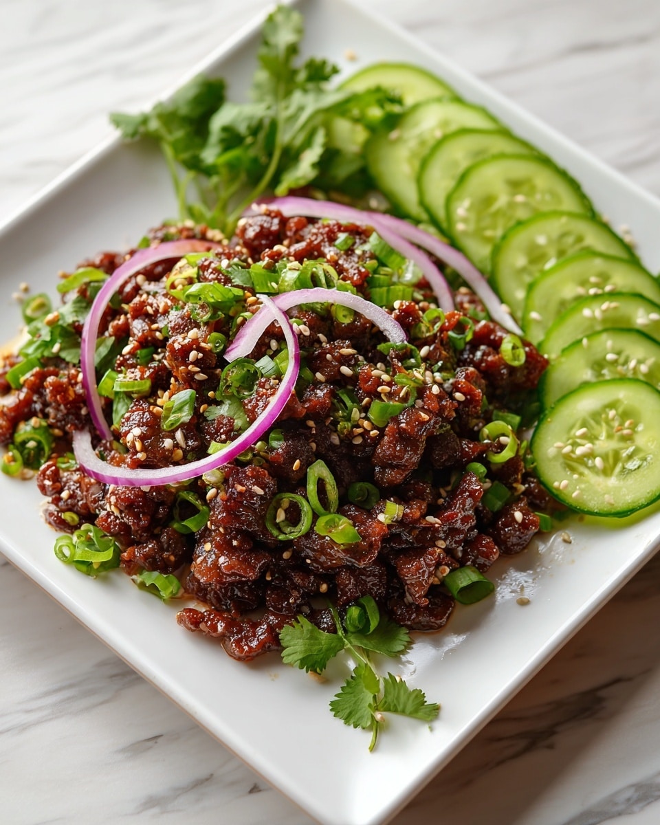 The dish is presented on a white square plate placed on a white marbled surface. The main layer is a heap of small, dark brown cooked meat pieces, glistening with a slightly sticky texture. Scattered over the meat are thin rings of purple-red onion and finely chopped green scallions, adding vibrant color contrast. Fresh green cilantro leaves are distributed among the meat pieces, alongside a sprinkle of white sesame seeds evenly spread on top. To one side of the plate, there is a neat row of thin, circular slices of bright green cucumber, some garnished with extra chopped scallions. The overall look is fresh and colorful, with layers well mixed but distinct. Photo taken with an iphone --ar 4:5 --v 7