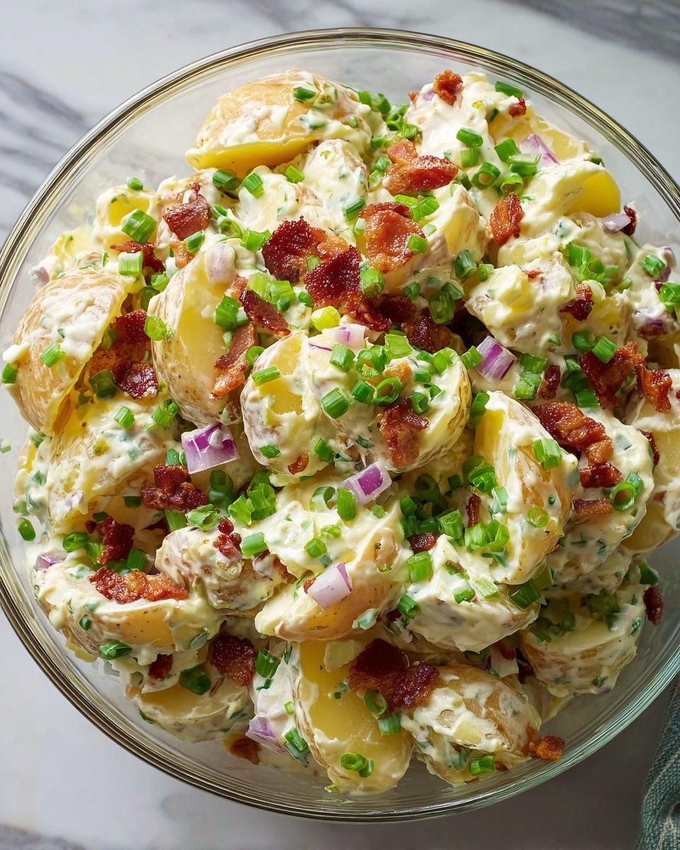A clear glass bowl filled with a layered potato salad sits on a white marbled surface. The bottom layer shows light yellow potato chunks mixed with creamy white dressing, speckled with green herbs. Scattered throughout are small purple-red onion pieces and bits of green celery. The top layer is garnished with more creamy dressing, crunchy reddish-brown bacon bits, and fresh chopped green chives, giving the salad a colorful and fresh look. The background is blurred with some brown peppers and green onions, adding a cozy kitchen feel. Photo taken with an iphone --ar 4:5 --v 7