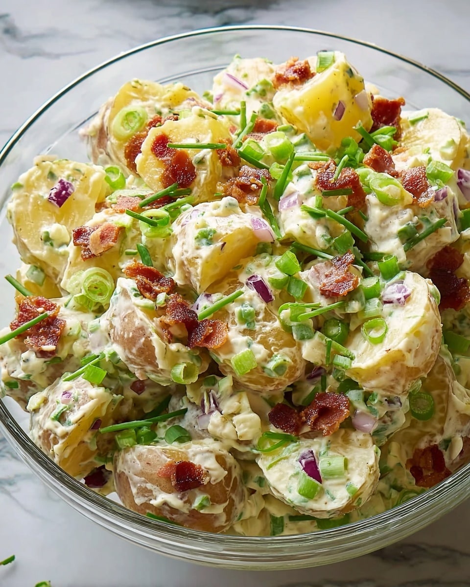 A clear bowl filled with a creamy potato salad showing about three layers of thickly sliced yellow potatoes coated in white creamy dressing, scattered with small pieces of crispy reddish-brown bacon, bright green chopped spring onions, and small purple onion chunks mixed throughout, all on a white marbled surface. photo taken with an iphone --ar 4:5 --v 7
