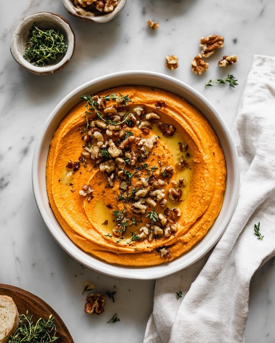 A white bowl filled with a smooth layer of bright orange creamy spread swirled in a circular pattern, topped with chopped brown walnuts and small green herb leaves scattered on top; two pieces of toasted light golden brown bread slices rest on the right side of the bowl's rim. The bowl is placed on a dark plate, set on a white marbled surface, with a beige cloth nearby. Around the bowl, there are small white bowls—one with extra chopped walnuts and another with honey and a honey dipper, and a light wooden board with a crusty bread loaf is visible in the background. Photo taken with an iphone --ar 4:5 --v 7