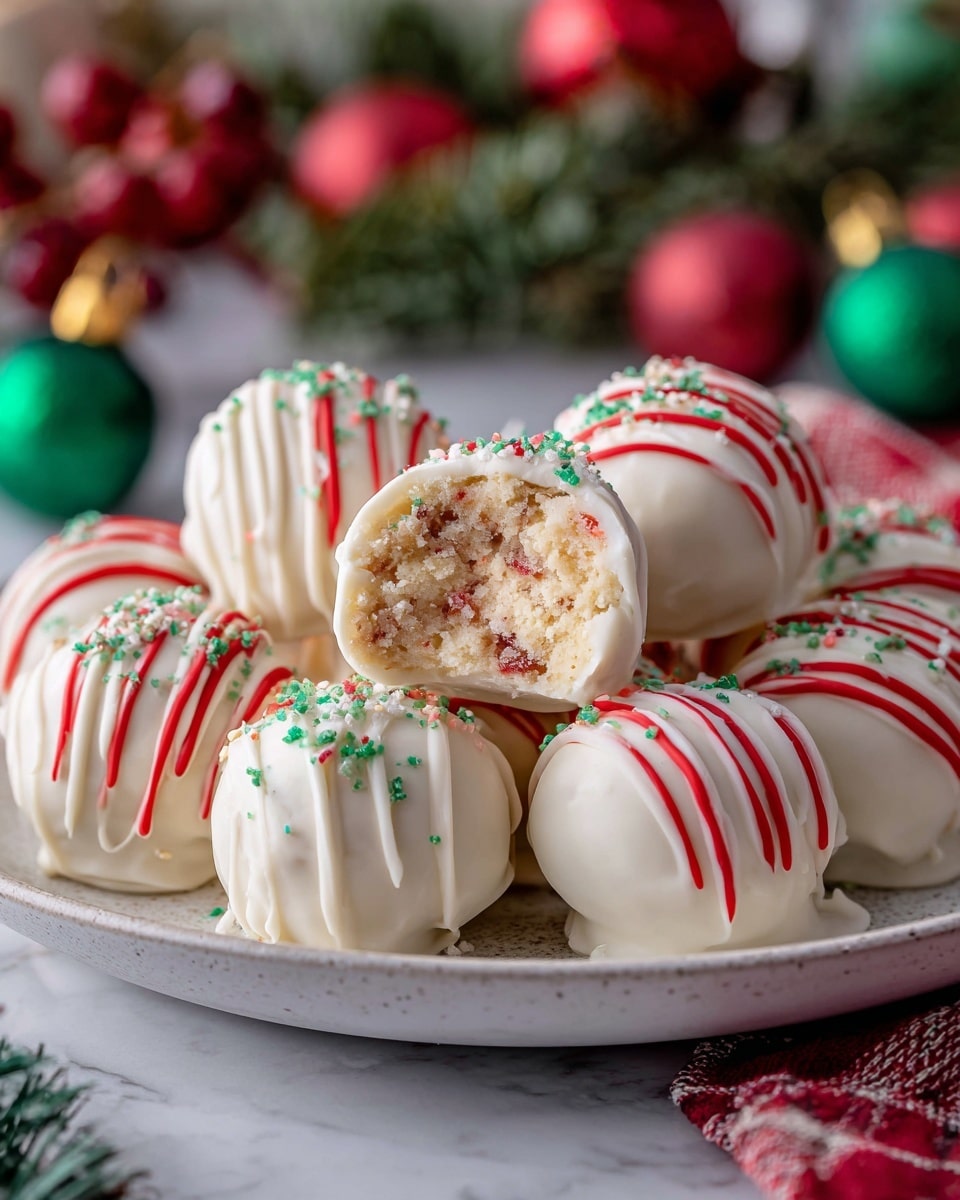 The image shows several round dessert balls coated in smooth white icing, each decorated with thin, red zigzag lines across the top and small green sprinkles scattered around. One ball is cut in half, revealing a crumbly, dense inner layer speckled with red, green, and white bits that look like small candy pieces. The dessert balls are arranged closely together on a white marbled surface, showing a mix of shiny icing texture and the rougher, colorful inside. photo taken with an iphone --ar 4:5 --v 7