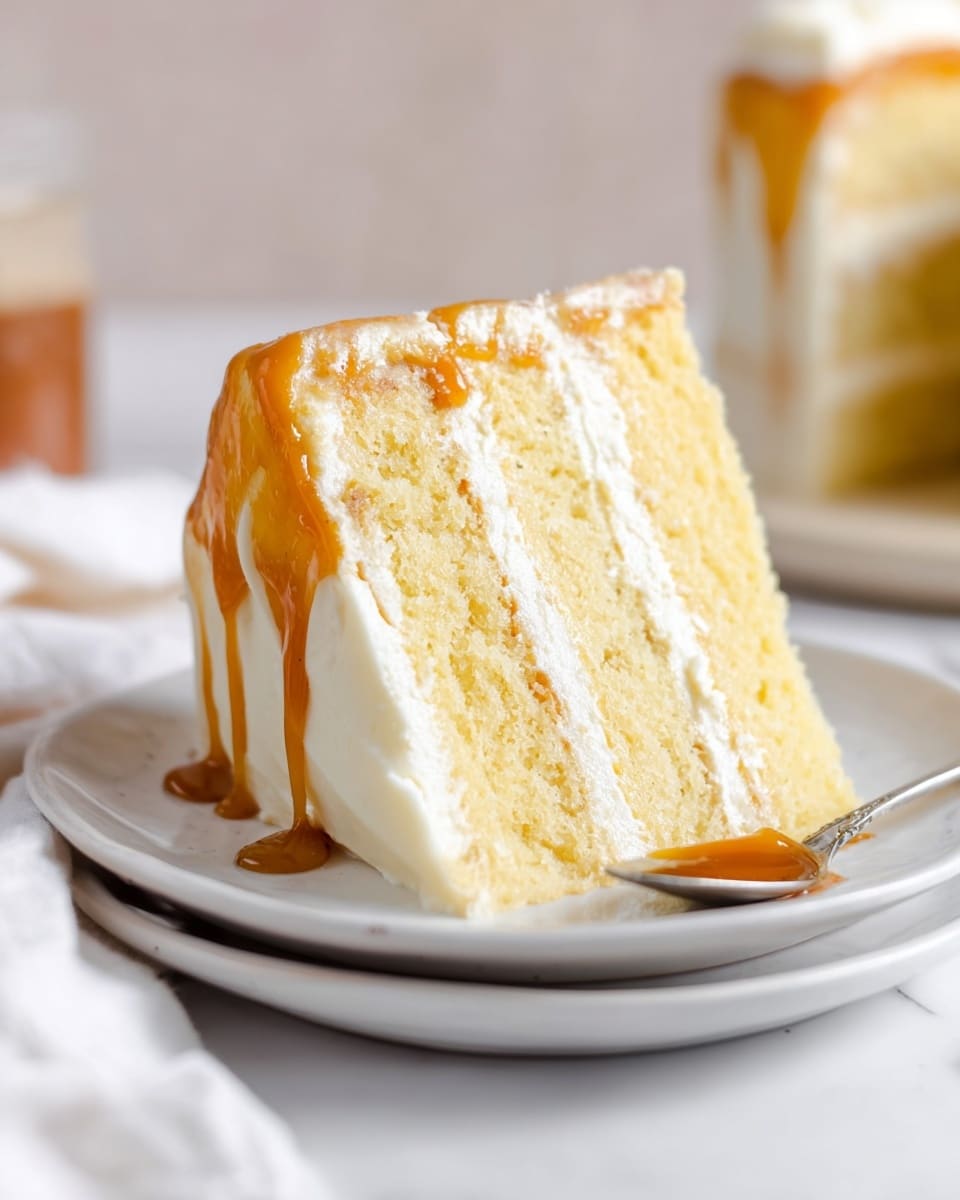 The image shows a three-layer vanilla cake with smooth white frosting covering the whole cake. Between each layer is a thick spread of bright orange caramel sauce. The top of the cake is decorated with a swirl of caramel sauce gently spread over the frosting. The cake sits on a white marbled surface with two blurred glass bottles in the background, one filled with milk. A white cloth and a small silver spoon are placed in the foreground. Photo taken with an iphone --ar 4:5 --v 7