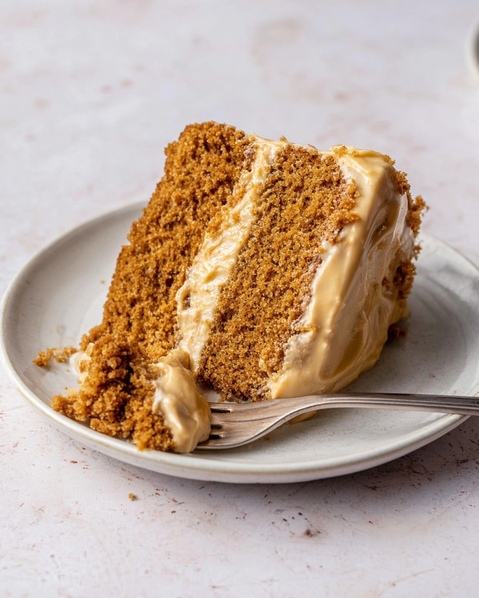 A slice of two-layer brown cake with a rough, crumbly texture sits on a white plate. Between the two layers is a light tan creamy filling that looks smooth and soft. The outside of the slice is also coated with the same light tan cream, slightly dripping off the edges. A silver fork rests on the plate with a small piece of cake on its tines. The setting features a white marbled surface under the plate. photo taken with an iphone --ar 4:5 --v 7