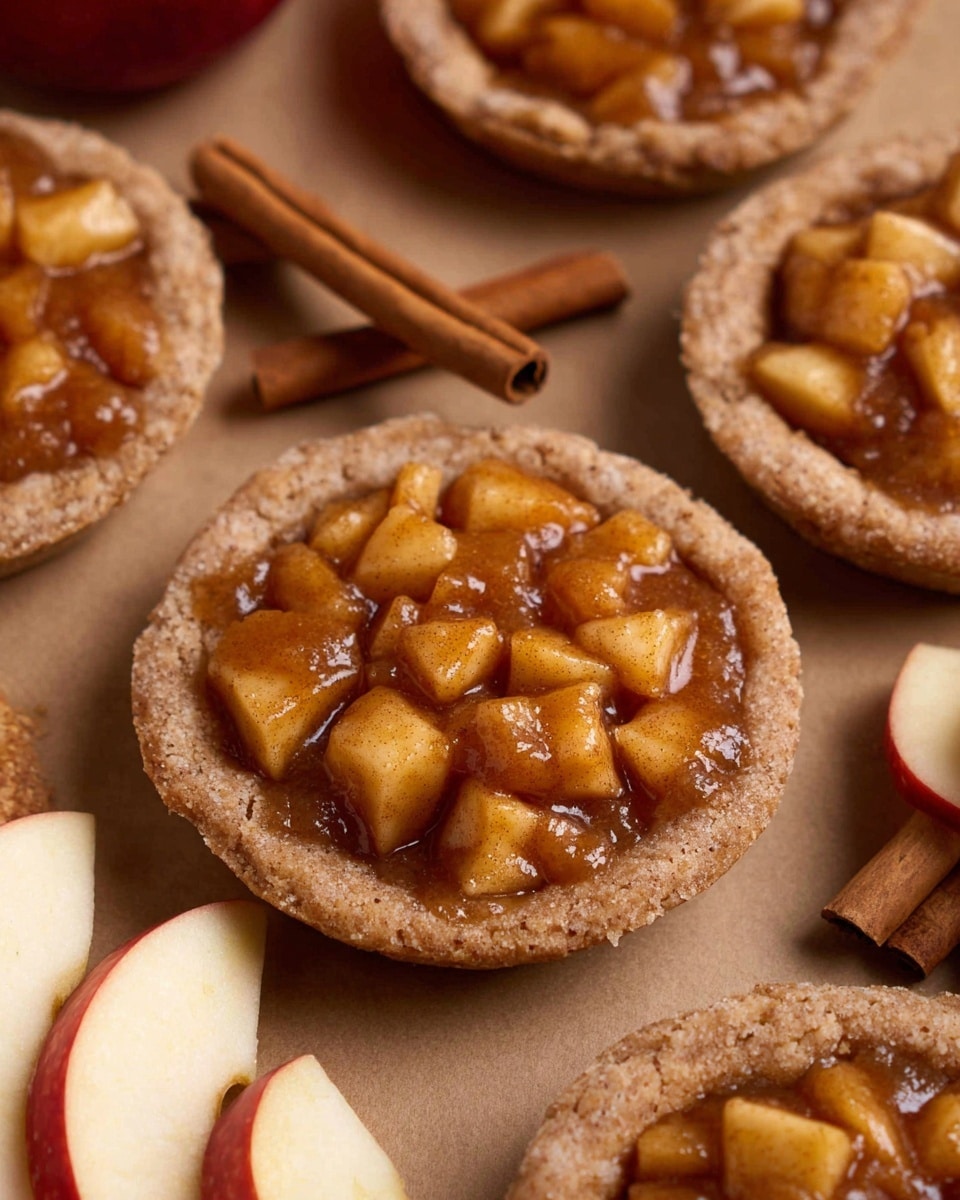 The image shows small round tarts with two main layers, placed on a light brown bake paper that rests on a white marbled surface. The base layer is a thick, rough-textured crust that is light brown and rolled up at the edges to form a border. Inside this crust lies the second layer, a glossy, amber-colored filling made of small yellow apple pieces mixed with a shiny syrup that has a light dusting of cinnamon spice, giving some dark brown specks across the surface. One tart has a small bite taken out, revealing the soft texture of both the crust and filling. Some cinnamon sticks and a few apple slices are placed nearby at the corner of the frame. Photo taken with an iphone --ar 4:5 --v 7