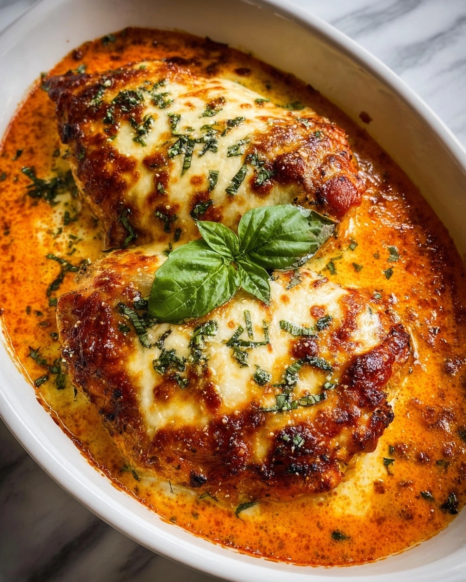 The dish shows two large, golden-brown baked pieces in a white dish, each covered with a thick layer of melted, bubbly cheese that is browned in spots. The pieces sit in a rich, orange creamy sauce that spreads around the bottom and edges. Small green herb bits are sprinkled on top of the cheese layers, and each piece is garnished with a fresh green basil leaf in the center. The background has a white marbled texture. Photo taken with an iphone --ar 4:5 --v 7