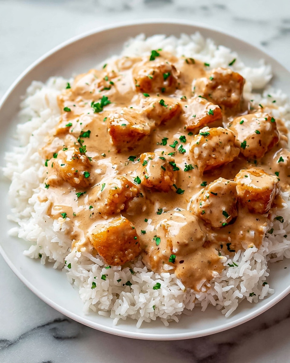 On a white plate, there is a layer of white cooked rice forming the base, with small, separate grains visible. On top, there is a thick creamy sauce with a light brown color spread evenly across the rice. Mixed into the sauce are small golden-brown bite-sized pieces that look soft and slightly crispy on the edges. The dish is garnished with small green herb pieces scattered over the sauce, adding a fresh touch. The background is a white marbled surface. photo taken with an iphone --ar 4:5 --v 7