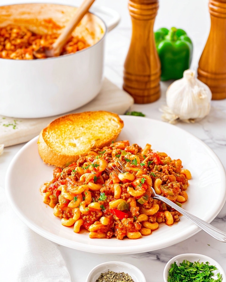 A white plate sits on a white marbled surface holding a mound of macaroni pasta mixed in a chunky red tomato sauce with visible pieces of cooked ground meat and diced green and red bell peppers, garnished with small green parsley flakes scattered on top; a golden toasted slice of garlic bread rests at the back edge of the pasta. Behind the plate, a white pot with the same pasta mixture visible inside and a wooden spoon sticking out leans to the left side. To the right, a whole bulb of garlic and a half-cut green bell pepper with seeds are placed next to two tall wooden pepper mills. In the foreground, there is a small white bowl containing dried herbs and some fresh green parsley on the marble surface. A silver fork is poking into the pasta on the plate. photo taken with an iphone --ar 4:5 --v 7