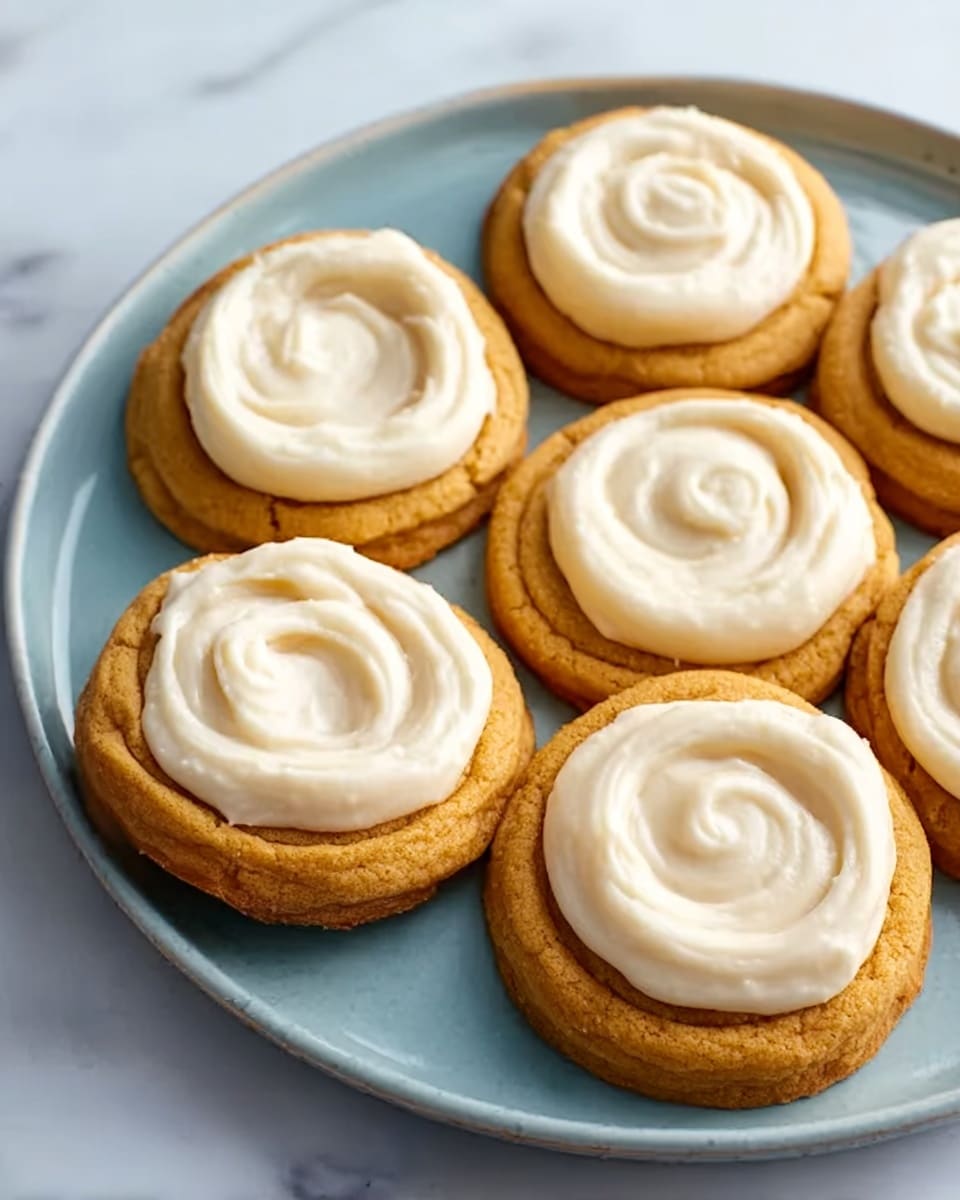 A thick, round cookie with a golden brown color and a soft, slightly cracked texture sits on a white plate with a smooth blue tint. The center of the cookie holds a thick, creamy white swirl of frosting with a smooth, rich texture. A woman's hand has taken a bite out of the cookie, showing the chewy inside and adding depth to the image. The plate is on a white marbled surface, softly blurred background enhancing the focus on the cookie. photo taken with an iphone --ar 4:5 --v 7