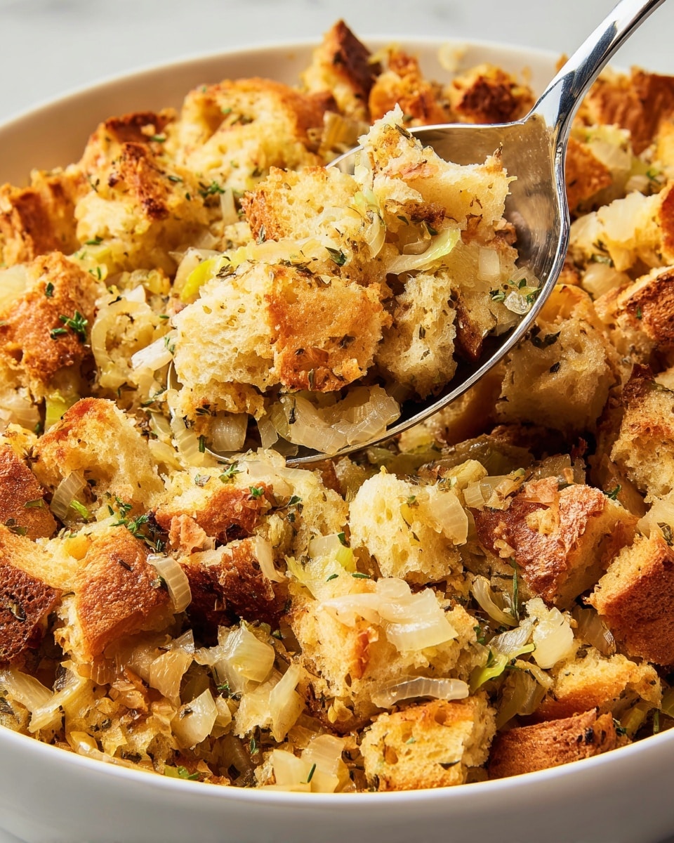 A close-up view of a white bowl filled with stuffing made of golden-brown bread cubes mixed with small pieces of cooked onion and herbs, showing a textured mix of soft and slightly crispy bread pieces. A metal spoon dips into the bowl, lifting a spoonful that highlights the light yellow and brown colors of the bread, with visible bits of onion and green herbs scattered throughout. The surface under the bowl is white marbled. photo taken with an iphone --ar 4:5 --v 7