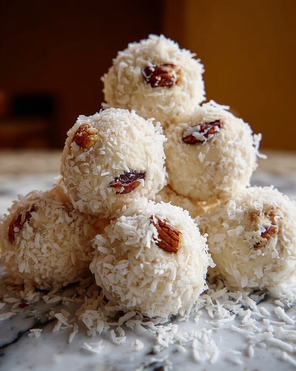 The image shows a pile of round, creamy white balls covered in rough-textured shredded coconut and small pieces of brown nuts embedded on the surface. The balls are stacked closely together on a white marbled surface, with the shredded coconut also scattered around them. The lighting highlights the soft, slightly rough texture of the coconut flakes and the shiny, smooth texture of the creamy inside beneath. The background is blurred and warm-toned, putting focus on the balls at the front. photo taken with an iphone --ar 4:5 --v 7