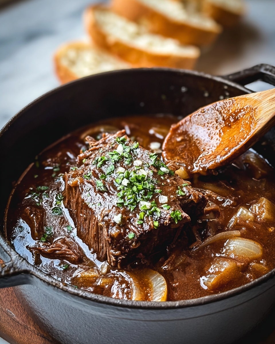 A white plate on a white marbled surface holds two main layers: on the left, a light yellow, creamy mashed potato shaped into two scoops with a small green herb garnish on top; on the right, two thick slices of dark brown roasted meat covered with a rich, glossy brown sauce with cooked onion slices scattered on and around it, finished with fresh green herb sprigs placed on top. A silver fork rests near the meat. In the background, there is a blurred glass with dark red liquid. Photo taken with an iphone --ar 4:5 --v 7