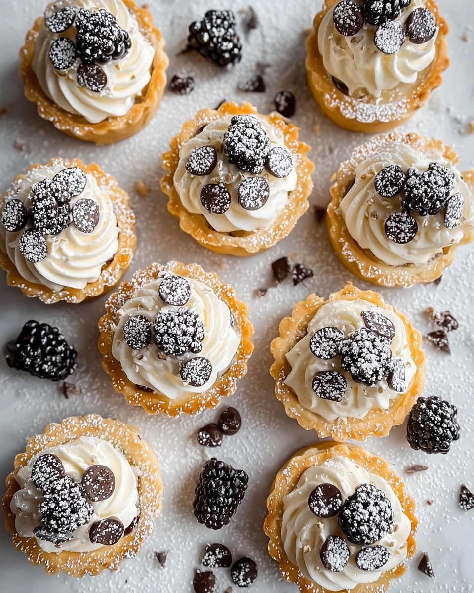 The image shows a white plate with nine small tartlets arranged closely together. Each tartlet has a golden-brown pastry base with a scalloped edge. On top of the base, there is a thick swirl of creamy white frosting. Dark blackberries are placed on the frosting, and they have a light dusting of white powdered sugar. Some powdered sugar is also scattered around the plate and blackberries are spread on the white marbled surface around the plate. The plate is lined with crumpled white paper or napkin. photo taken with an iphone --ar 4:5 --v 7