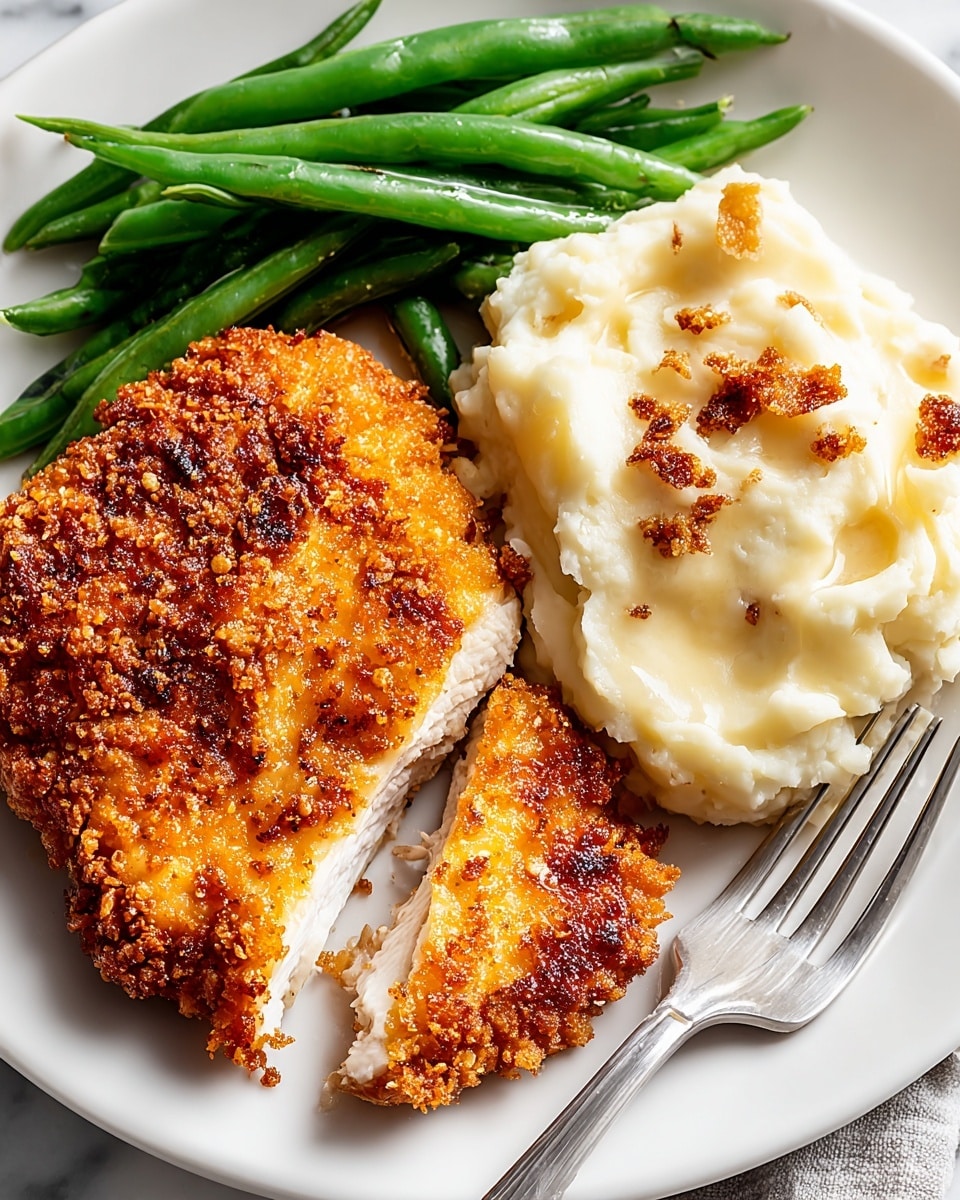 The image shows four pieces of baked chicken on a black baking tray, each piece covered with a golden brown, crispy, crumbly topping. The chicken pieces are arranged evenly with two in the front and two in the back. The crumbs on top look crunchy and seasoned, and there are small bits of garlic or herbs scattered on the tray, along with some oil around the chicken. The tray sits on a white marbled surface with a soft gray cloth visible at the bottom edge. photo taken with an iphone --ar 4:5 --v 7