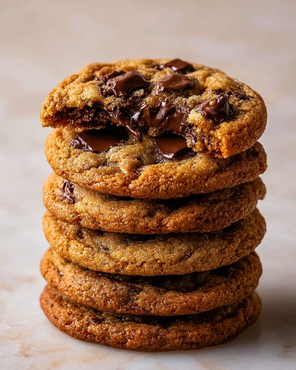 A stack of six round chocolate chip cookies is shown on a white marbled surface. The cookies have a golden brown color with a textured, slightly crispy edge and a soft center. The top cookie features melted and solid dark chocolate chips scattered unevenly, with a woman’s hand holding a piece that has been taken from it, revealing gooey melted chocolate inside. Each cookie in the stack is thick and slightly uneven, highlighting a rich, homemade look. photo taken with an iphone --ar 4:5 --v 7