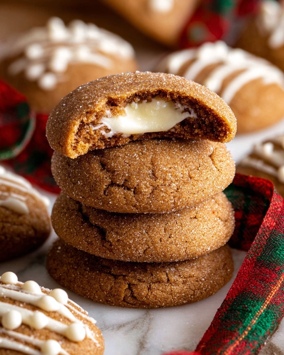 A stack of three brown cookies with a rough sugar-coated surface, each broken to show a soft, white cream layer inside, sits in the center on a brown base. Around the stack are whole cookies of the same type, with one that has a raised dome shape. Behind the cookies, the background shows blurred colorful festive decorations in red and green. The scene is lit warmly, highlighting the texture of the cookies and the creamy filling photo taken with an iphone --ar 4:5 --v 7