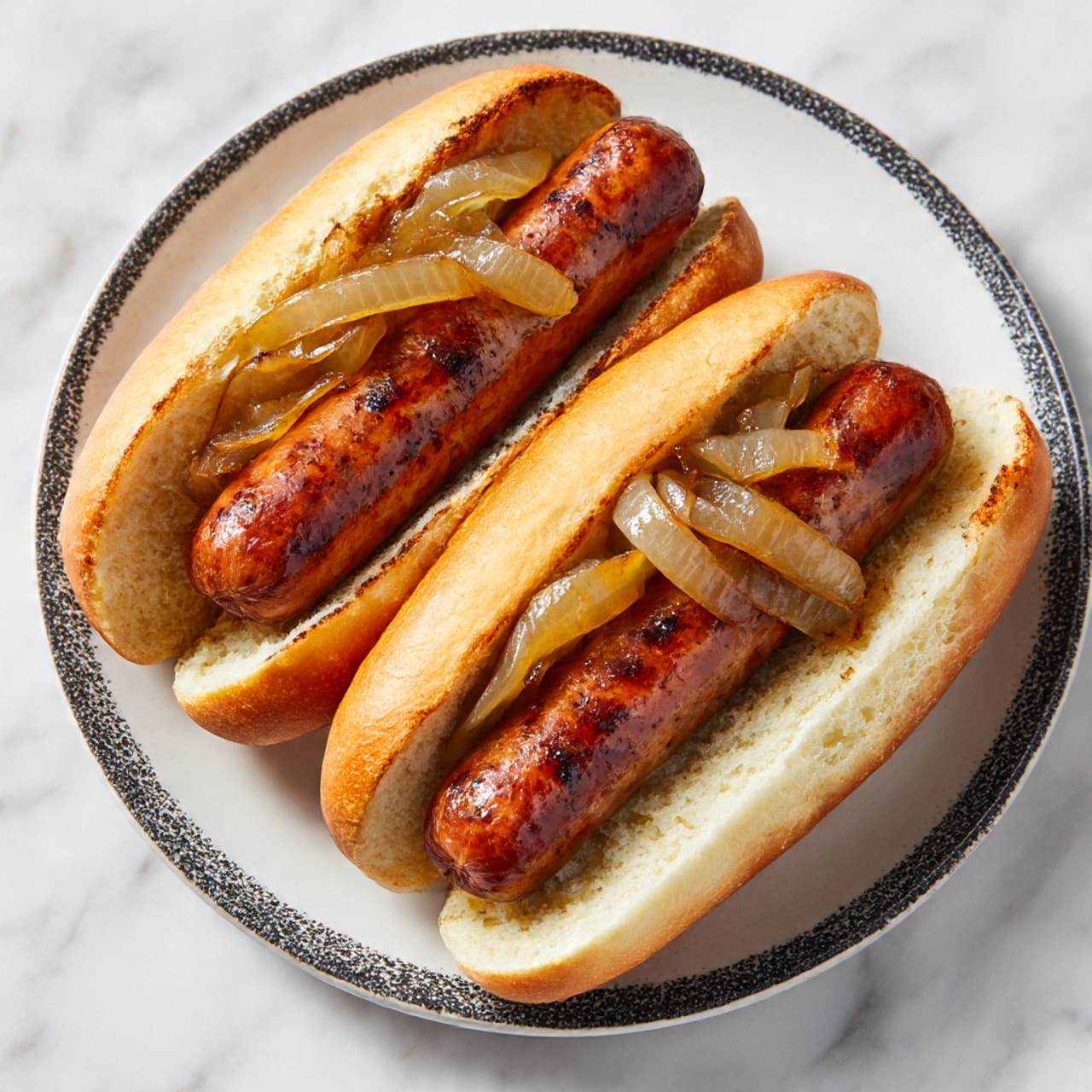 Oven Braised Beer Brats with Caramelized Onions Recipe - Recipe Image