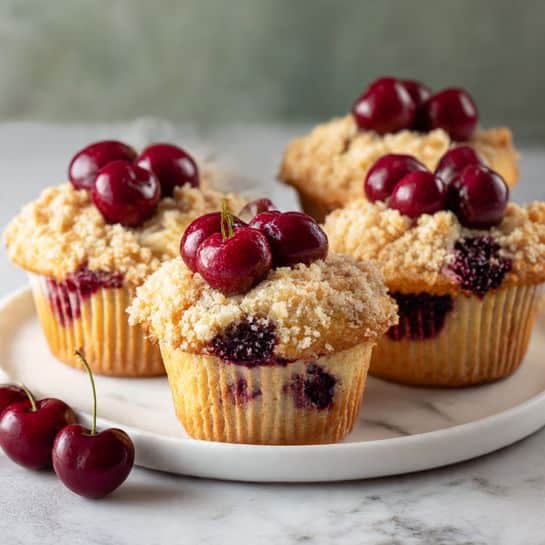 The image shows four muffins on a white plate, each muffin topped with a cluster of shiny red cherries and a crumbly light brown streusel layer. The muffins have a golden brown color on their sides and the top layer of crumbs adds texture, with some dark red fruit filling visible just beneath the streusel. A few loose cherries are placed on the white marbled surface near the plate, and the background is softly blurred with green and neutral tones. photo taken with an iphone --ar 4:5 --v 7