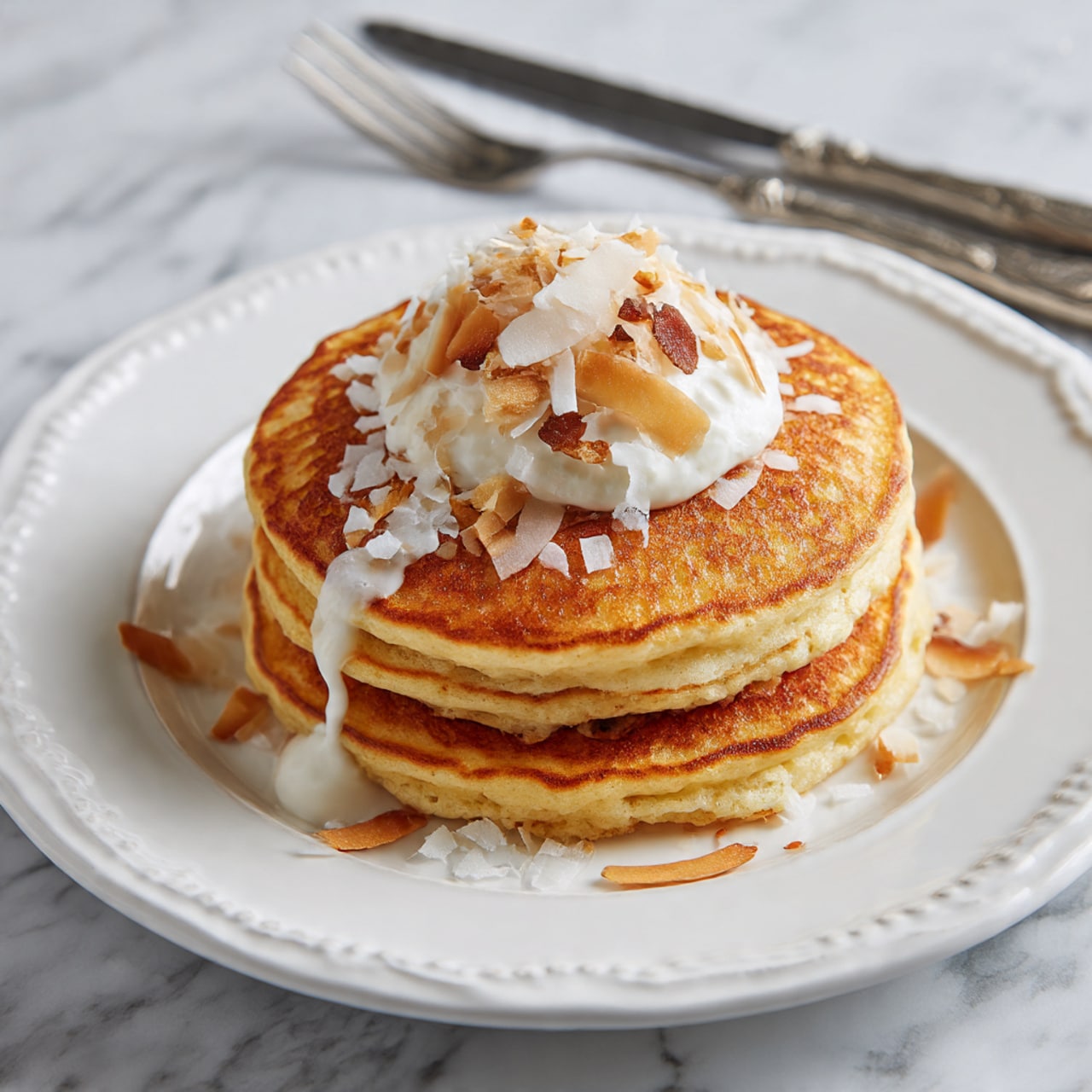 A stack of two thick pancakes with a golden brown top and light fluffy sides sits in the center of a white plate. The top pancake is drizzled with white icing, while shredded white coconut flakes are scattered generously over the top and around the plate. Light brown syrup pools slightly at the base of the pancakes, adding a glossy texture to the scene. The plate rests on a white marbled surface, enhancing the warm and cozy feeling of the dish. photo taken with an iphone --ar 4:5 --v 7
