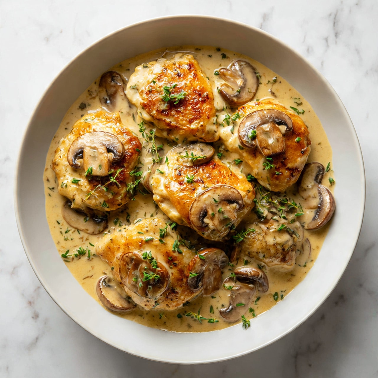 The image shows a close-up of a creamy mushroom sauce with six golden-brown cooked chicken pieces partially covered by the sauce. The sauce is light brown and thick, surrounding and layering over the chicken and mushroom slices. The mushrooms are sliced, cooked to a rich brown color, and scattered evenly across the sauce and chicken. Small green herb pieces are sprinkled on top, adding a fresh touch. The dish is placed on a white marbled background. photo taken with an iphone --ar 4:5 --v 7