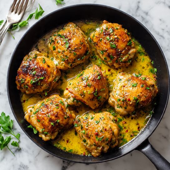 A white round plate holds six pieces of golden brown cooked chicken thighs arranged closely together, showing crispy skin with some dark browned spots. The chicken pieces are sprinkled with small chopped green herbs that add a fresh touch. There is a shiny layer of melted butter or oil visible under and around the chicken, giving a glossy look. In the background, there is a white marbled surface with part of a lemon slice and a striped gray and white cloth visible near the plate. photo taken with an iphone --ar 4:5 --v 7