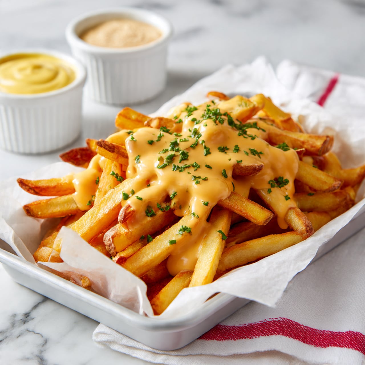A white rectangular tray lined with white paper holds a large pile of thick, golden-brown French fries with a crispy texture. The fries are covered with a smooth, melted, light orange cheese sauce that drips over them. Small green herb sprinkles are scattered on top of the cheese. In the background, two white ramekins are visible, one with a creamy yellow sauce and the other with a light beige powder. The tray is set on a white marbled surface with a white cloth featuring a red stripe underneath it. Photo taken with an iphone --ar 4:5 --v 7