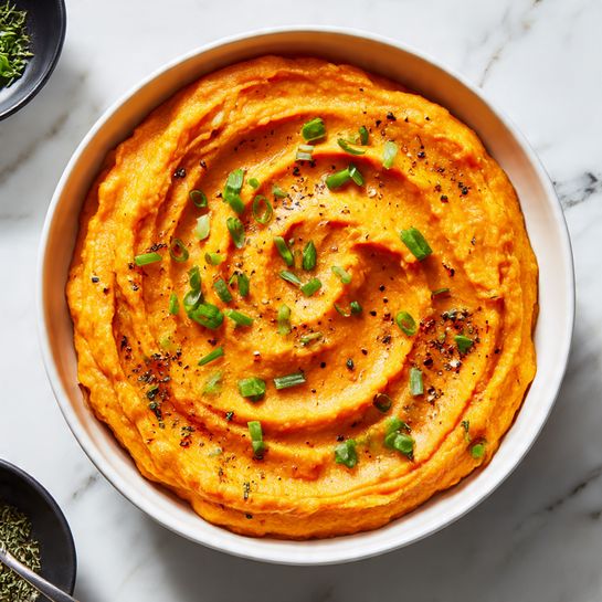 A bowl of smooth orange mashed sweet potatoes with visible swirls on top, showing a creamy texture. The mash is placed in a white bowl, with chopped green onions sprinkled on the top, adding a fresh green color. There is a light sprinkling of black pepper and herbs on the surface, giving a speckled look. The bowl sits on a white marbled surface with a small black bowl in the background slightly out of focus. Photo taken with an iphone --ar 4:5 --v 7