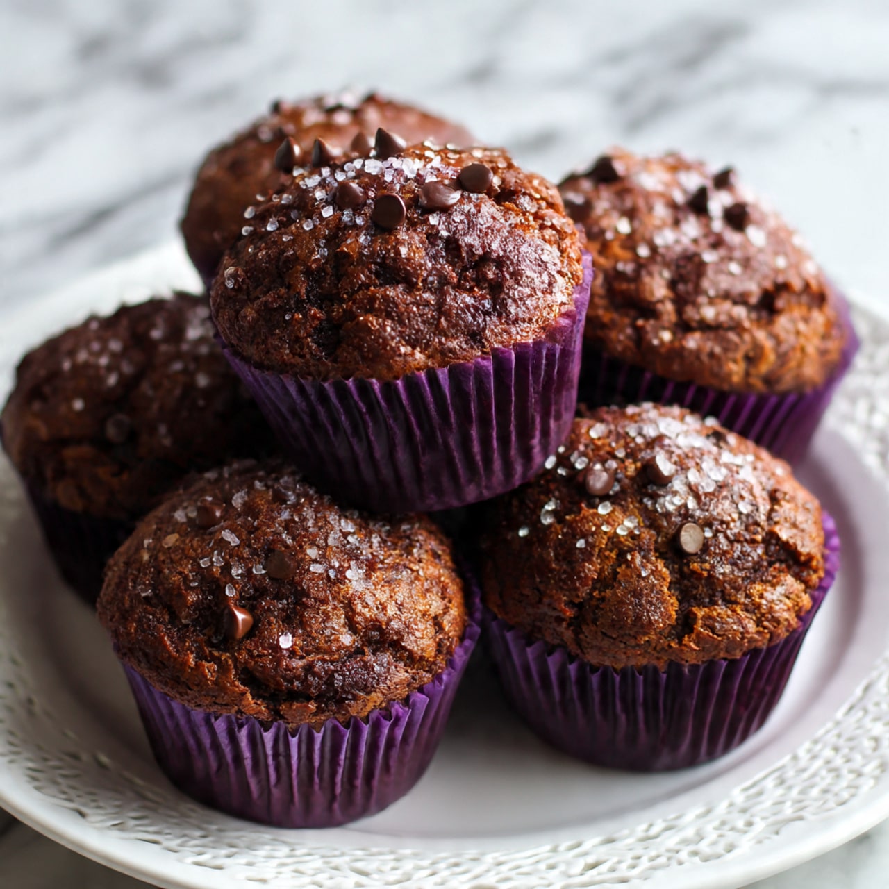 A single chocolate muffin with a bumpy, textured dark brown top covered in dark chocolate chips and sprinkled with coarse sugar sits in a dark purple paper cup at the center of a smooth white round plate. Behind it, there is a white lace-edged tray filled with more chocolate muffins in similar dark purple paper cups, all placed on a soft pink cloth. The background features a white marbled texture. photo taken with an iphone --ar 4:5 --v 7