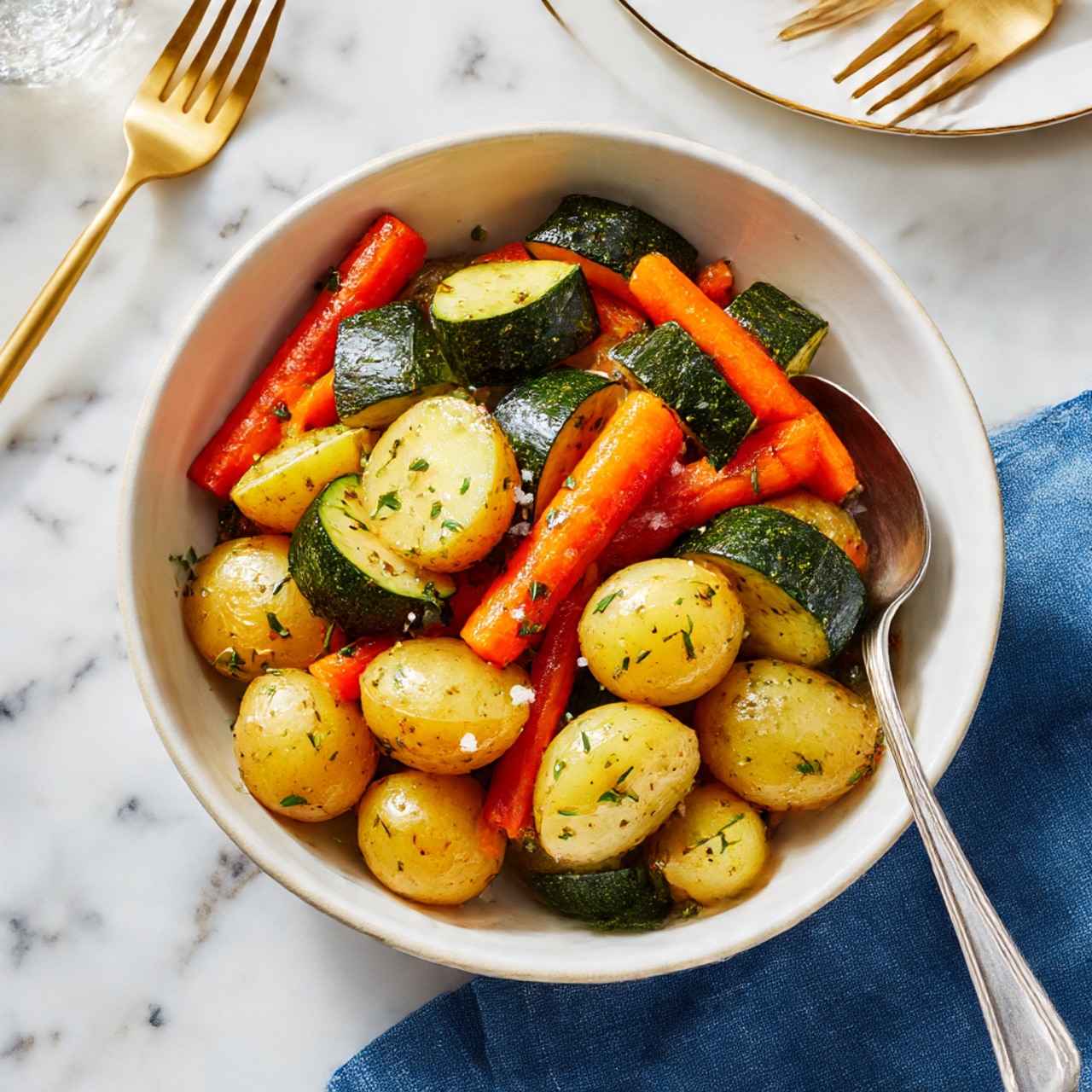 A white bowl filled with a mix of vegetables including small yellow potatoes with a shiny texture, bright orange baby carrots, and round slices of green zucchini with a smooth surface. The vegetables are coated with specks of green herbs and small bits of white garlic. A gold spoon rests on the right side inside the bowl. The bowl sits on a white marbled surface with a soft blue cloth draped to the left and a glass of water in the upper left corner, with a stack of white plates blurred in the background. Photo taken with an iphone --ar 4:5 --v 7