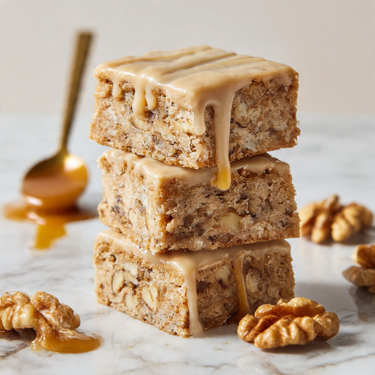A stack of three square bars sits on a white marbled surface, each bar showing a dense, light brown interior filled with visible small nut pieces, probably walnuts. The top of each bar is covered with a light tan creamy glaze that drips slightly down the sides, adding a smooth texture contrast to the crumbly and chunky nutty layers inside. In the foreground, there are walnut pieces scattered around and a golden spoon with some sticky caramel-like substance on it, slightly out of focus. The background is simple and plain, keeping all attention on the stacked bars. photo taken with an iphone --ar 4:5 --v 7