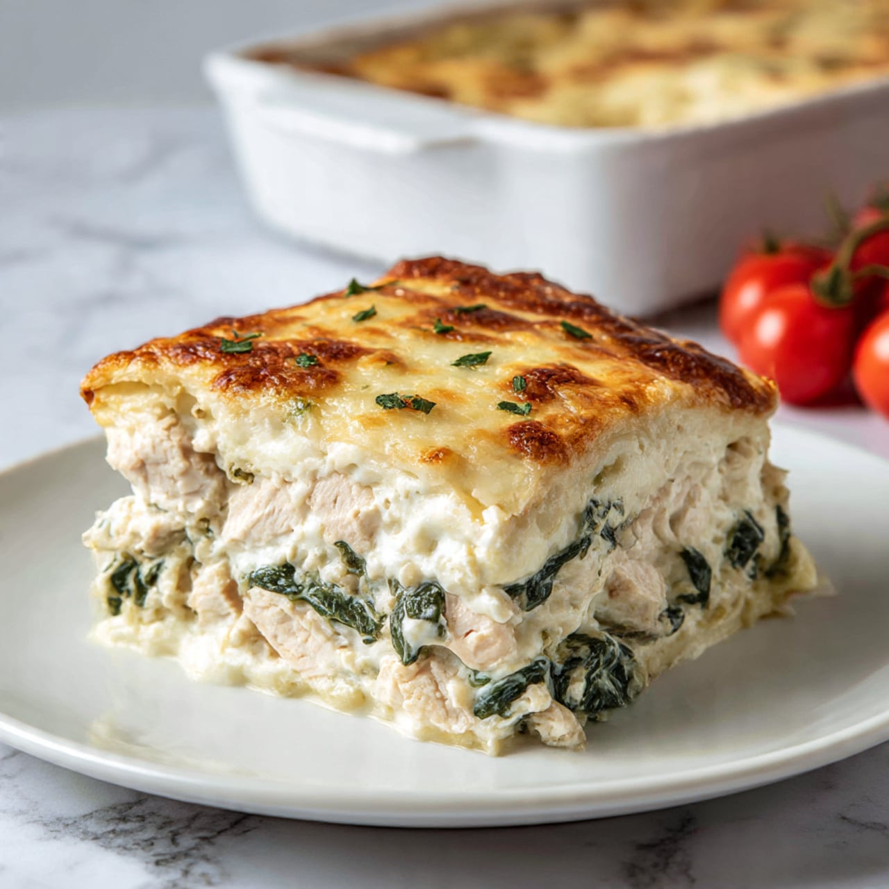 A thick square piece of a layered white casserole sits on a white plate with a white marbled surface. The bottom layer is a creamy mix with chunks of light beige chicken and dark green spinach leaves mixed throughout. The middle layer is a continuation of creamy white sauce with spinach and chicken bits blending into the base. The top layer has a golden-brown melted cheese crust with browned spots and sprinkled small green herb pieces for garnish. In the background, a white baking dish and a cluster of bright red cherry tomatoes are softly blurred. The photo taken with an iphone --ar 4:5 --v 7