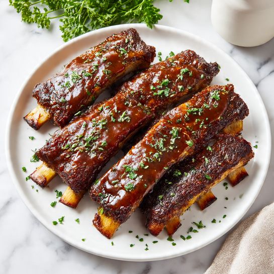 Five long ribs are placed close together on a white plate, each covered with a shiny, thick brown sauce that looks smooth and sticky. The ribs have a crispy, dark brown texture under the sauce, showing some charred spots. Small green chopped herbs are sprinkled on top of the ribs and scattered around the plate for color. The plate is set on a white marbled surface, with fresh green leafy herbs in the background and a white jar partly visible to the side. Photo taken with an iphone --ar 4:5 --v 7