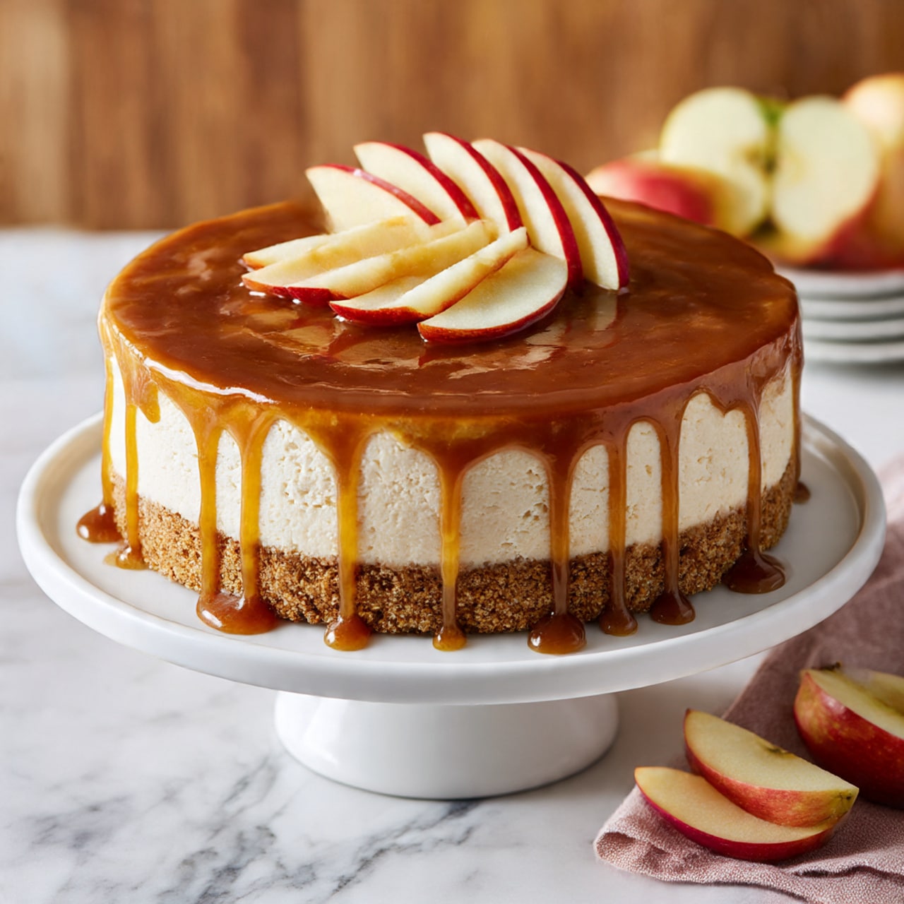 A slice of cheesecake sits on a white plate with three clear layers visible: the bottom is a light brown, crumbly crust; the middle is a thick, creamy off-white cheese filling; the top is a smooth, glossy light caramel layer. On top of the caramel layer, small cubes of fresh red and white apple pieces add a touch of color and texture. A few apple cubes also rest on the white plate near the base of the slice. The plate is placed on a white marbled surface with a blurred dark brown and red background, and the photo was taken with an iphone --ar 4:5 --v 7