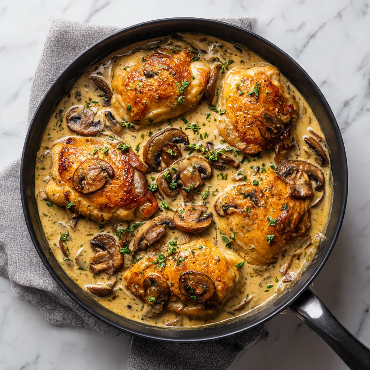 The image shows a close-up of a black pan filled with three light brown cooked chicken pieces covered in a creamy beige sauce. The sauce is thick and contains many sliced mushrooms that are a mix of light and dark brown, scattered on top and around the chicken. Small green herb bits are sprinkled over the dish, adding a touch of color. A shiny silver spoon is seen lifting one of the chicken pieces from the pan, with a woman's hand holding it just out of frame. The pan rests on a soft gray cloth with a white marbled surface beneath. photo taken with an iphone --ar 4:5 --v 7