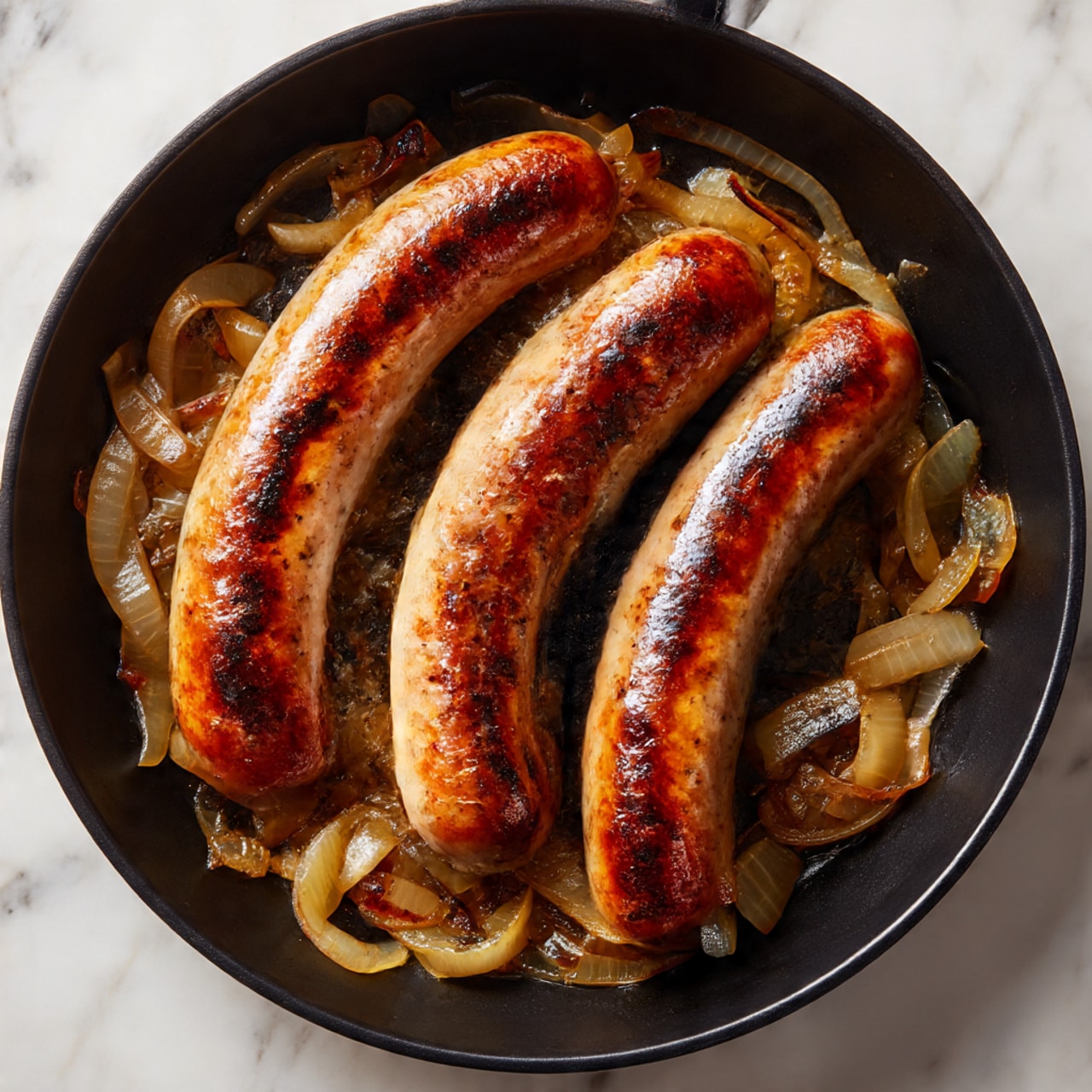 The image shows three long brown sausages with shiny and browned skin placed side by side in a round black pan. Underneath the sausages is a mix of cooked onions that are golden and soft, some pieces are slightly translucent with a few darker caramelized parts visible. The sausages have grill marks that add texture, and the black pan is on top of a white marbled surface. The lighting highlights the sausages’ juicy look and the caramelized onions beneath. photo taken with an iphone --ar 4:5 --v 7