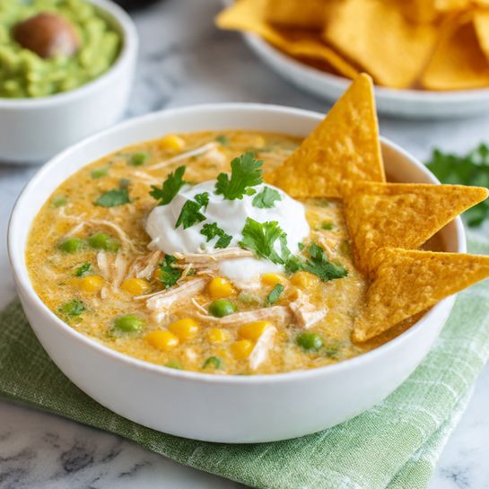 A white bowl holds creamy soup with a light orange color base, filled with shredded chicken pieces, yellow corn kernels, and green peas spread evenly throughout. In the center, there is a dollop of white sour cream topped with green cilantro leaves. Three triangular yellow tortilla chips are placed outwardly in the bowl's right side, slightly dipped into the soup. The bowl sits on a green and white cloth on top of a white marbled surface. In the background, a white bowl with green avocado dip and more tortilla chips can be seen blurred. Photo taken with an iphone --ar 4:5 --v 7