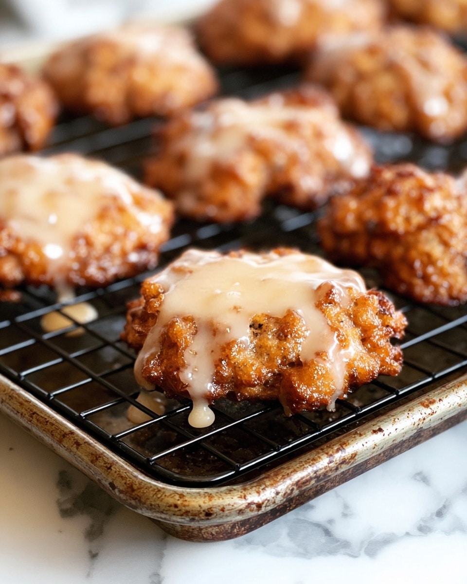 The image shows a pile of five thick, golden-brown fried patties stacked unevenly on a white plate. Each patty has a rough, crispy texture with some darker brown spots from frying. A smooth, pale beige creamy sauce is generously drizzled over the top layer and dripping down the sides, with extra sauce pooling slightly on the plate. In the background, blurred out, are red and yellow apples. The plate is set on a white marbled surface. Photo taken with an iphone --ar 4:5 --v 7