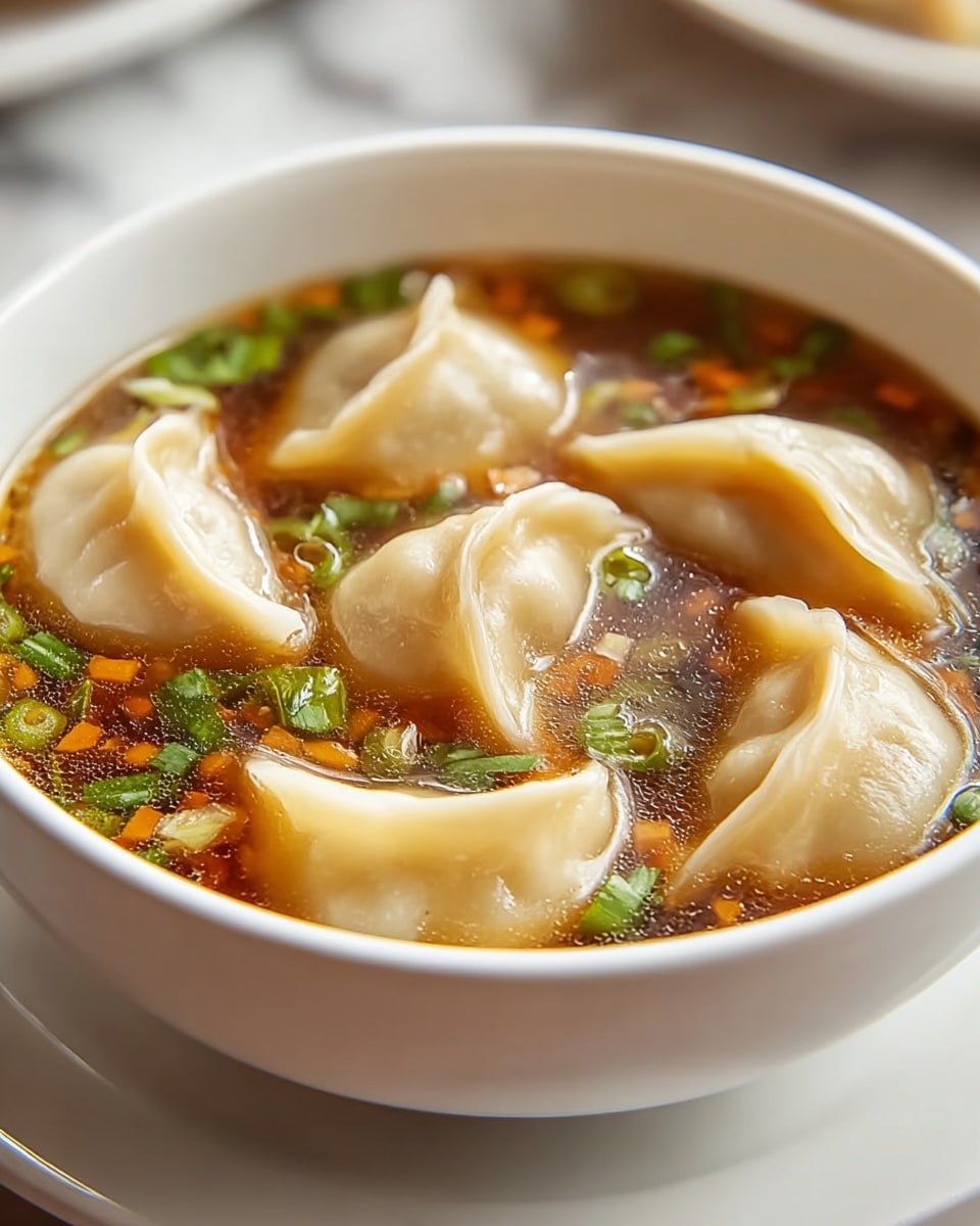 A white bowl filled with seven pale, crescent-shaped dumplings floating in a clear brown broth. The broth has tiny green onion pieces and small bits of orange carrot scattered throughout, adding color and texture. The dumplings have a smooth, slightly shiny surface and are softly curved, with folded edges visible. The bowl sits on a white plate on a white marbled surface, with the background blurred softly. The image has warm, natural lighting. photo taken with an iphone --ar 4:5 --v 7