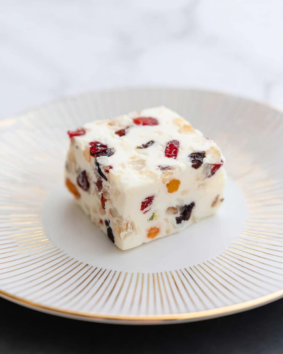 A single square piece of white dessert with a soft, creamy texture sits in the center of a white plate decorated with thin golden lines radiating outward. The dessert is studded with small colorful fruit pieces in shades of red, orange, and dark brown spread evenly throughout the square. The background is a white marbled surface, providing a clean and bright setting. photo taken with an iphone --ar 4:5 --v 7