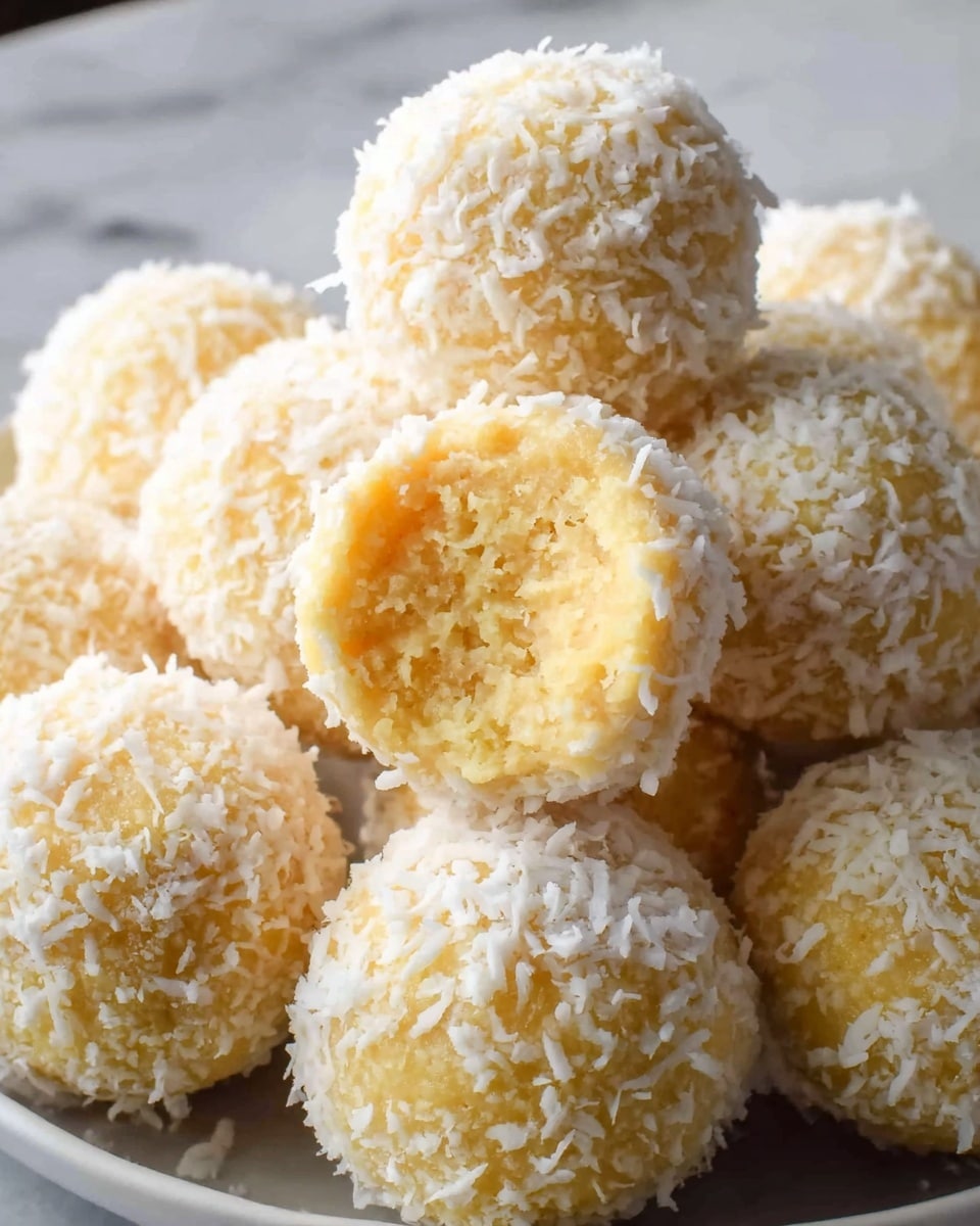 A round black plate filled with about thirty small, light yellow round balls that are evenly covered in white shredded coconut, giving them a soft, snowy texture. The plate sits on a rustic wooden surface with scattered bits of coconut around it. Nearby, there are several pinecones and a white cloth with a green, red, and brown holly berry pattern, adding a festive touch. The overall image has warm, cozy vibes. photo taken with an iphone --ar 4:5 --v 7