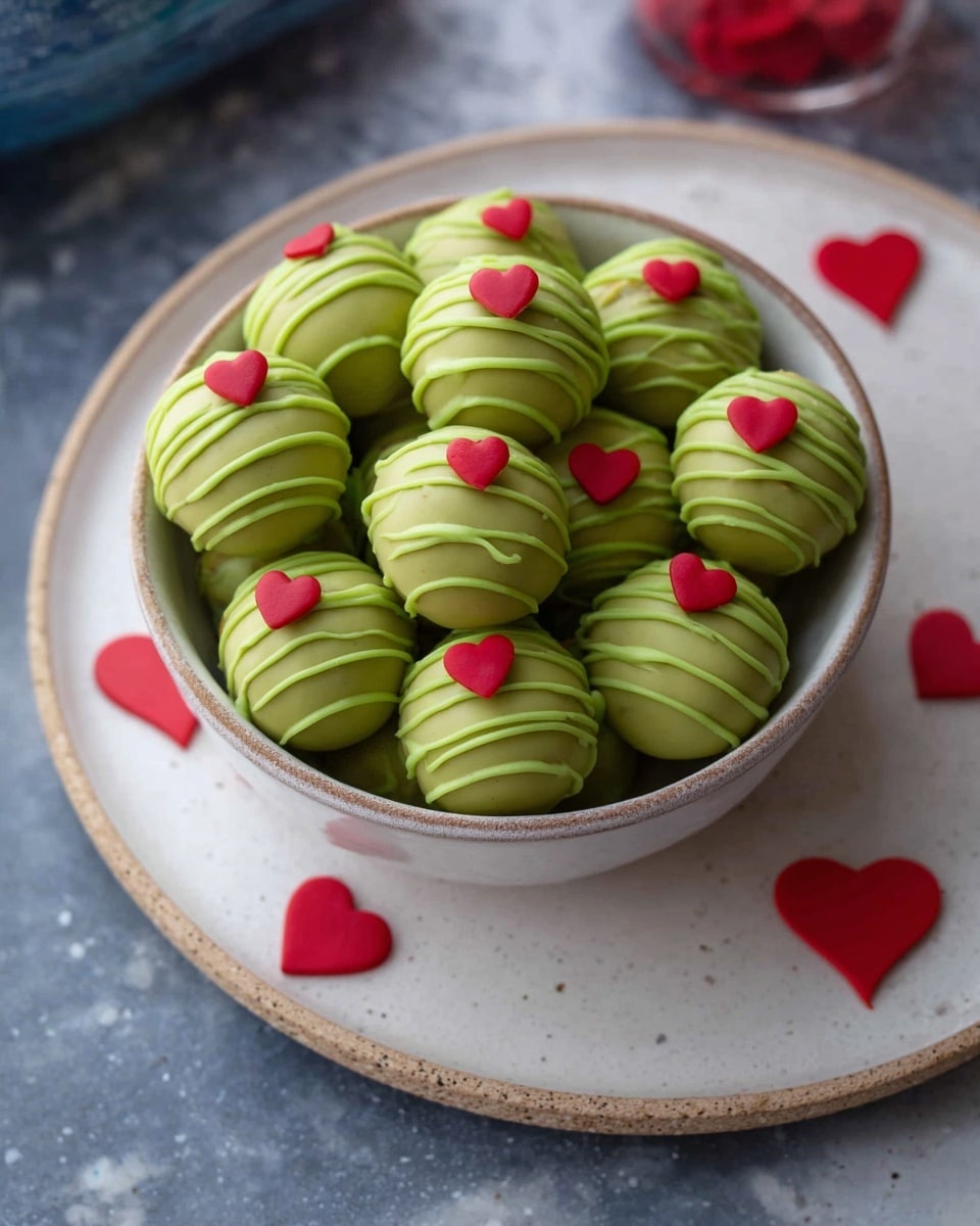 The image shows several small round green balls with a smooth light green layer on the outside. Each ball is decorated with thin darker green lines drizzled over the top and is topped with a small red heart shape. The balls are placed on a brown textured mat, arranged close to each other with some drizzle lines around them. The background has a soft white marbled texture. Photo taken with an iphone --ar 4:5 --v 7