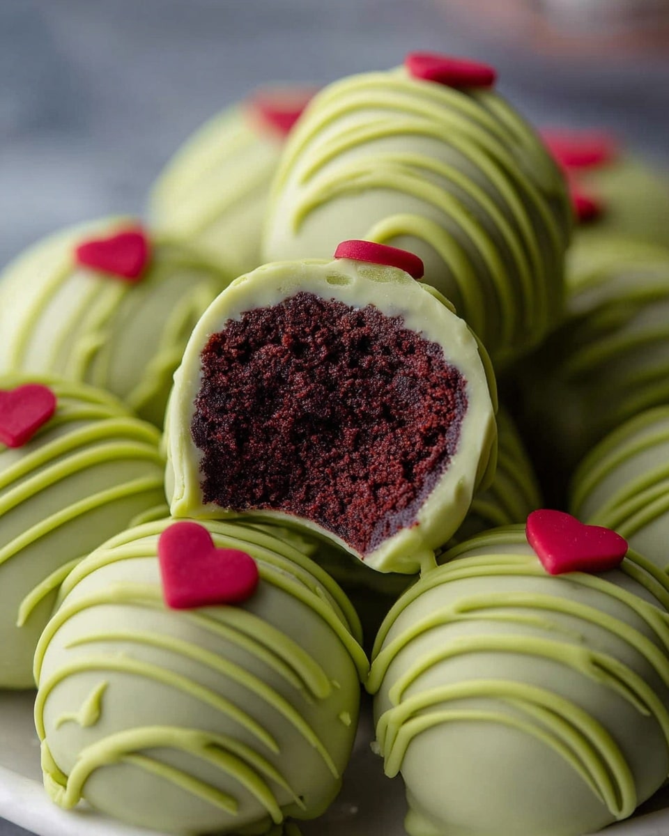 The image shows several round cake balls covered in smooth, light green coating with fine green lines drizzled on top. Each cake ball has a small red heart decoration placed on it. One cake ball is cut open in the center, revealing a rich, dark red cake interior with a moist and dense texture. The cake balls are arranged piled together on a white marbled surface. Photo taken with an iphone --ar 4:5 --v 7