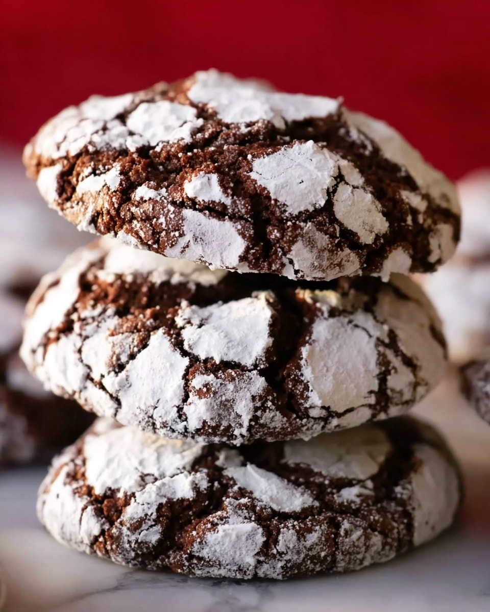 A close-up view of three stacked chocolate crinkle cookies with a rich dark brown color, covered by a cracked white powdered sugar layer that creates a rough and textured surface. The cracks reveal the soft chocolate inside, and the cookies have a thick, round shape. The background is a soft red color, and the cookies are placed on a white marbled surface. Photo taken with an iphone --ar 4:5 --v 7