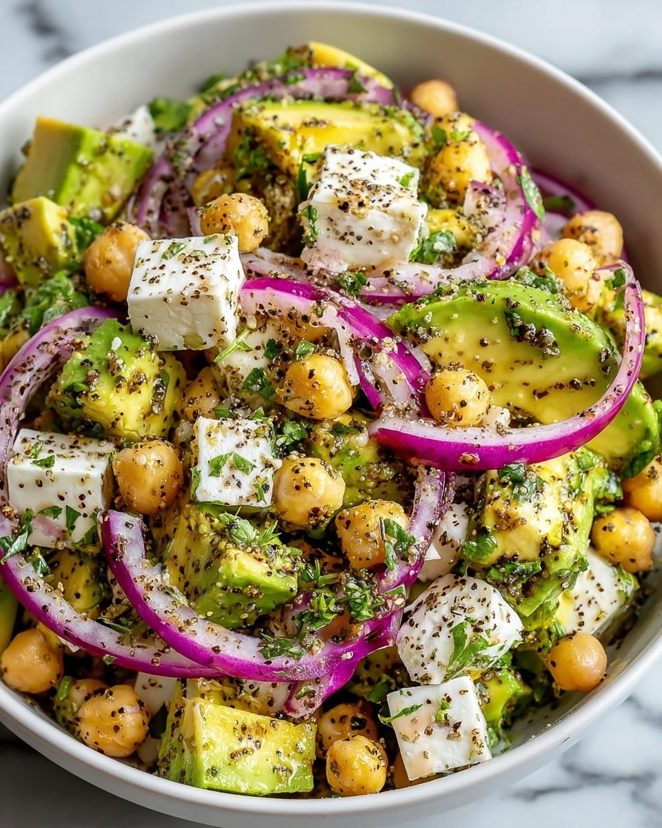 A white bowl filled with a colorful salad shows three main layers: large chunks of green avocado with a soft texture, round beige chickpeas scattered evenly, and thick slices of purple-red onion curling around the other ingredients. White cubes of crumbly feta cheese add contrast among the layers, while finely chopped green herbs cover the whole salad, with specks of red chili flakes and black pepper sprinkled on top. The salad has a fresh, mixed texture with a vibrant mix of green, creamy white, beige, and purple colors. The photo is taken with an iphone --ar 4:5 --v 7