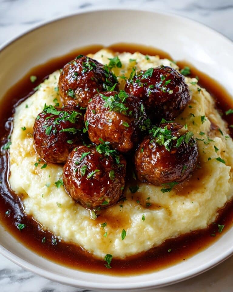 Salisbury Steak Meatballs with Garlic Herb Mashed Potatoes Recipe